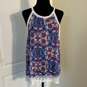 Ransom semi sheer Blue and Red Lace halter tank Top. Size XL